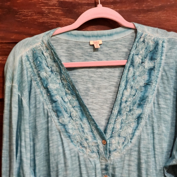 Reba Teal Blue Accent Button Down Tunic 2X Turquoise - Picture 3 of 9